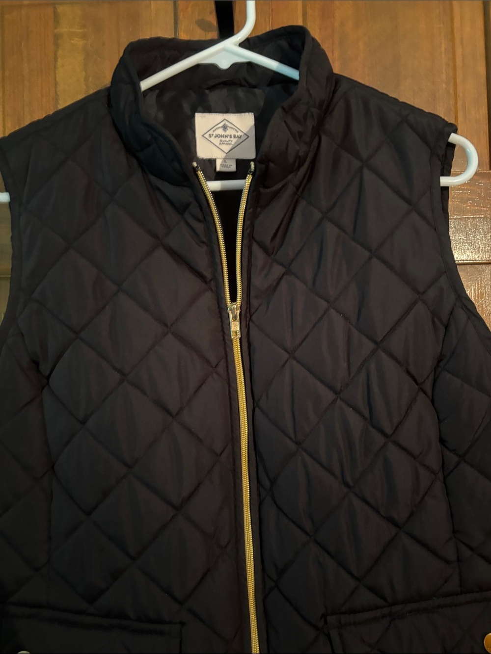 St. John's Bay Black Quilted Puffer Vest with Gold Trim - Picture 3 of 7